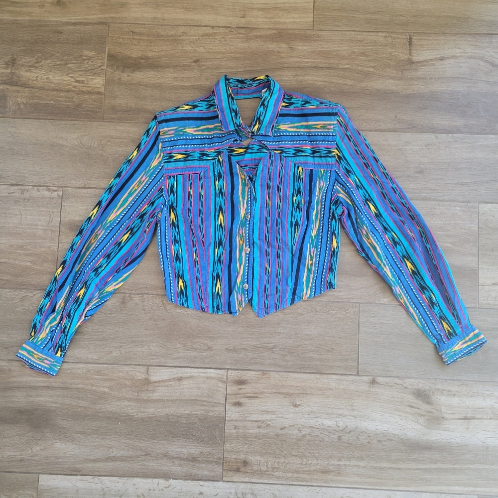 Cropped Long-Sleeve Button Front Top in Multicolor Stripe
